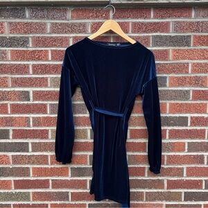 Boohoo Navy Blue Velvet Long Sleeve Boat Neck Belted Puff Sleeve Mini Dress